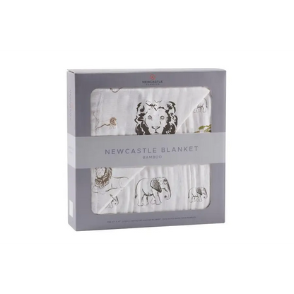 Newcastle Elephant Bamboo Baby Muslin Bundle with a cozy gray box and blanket inside