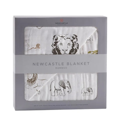 Boxed Newcastle Elephant Bamboo Baby Muslin Bundle featuring cute animal print blanket