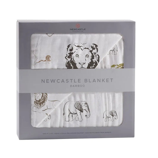 Boxed Newcastle Elephant Bamboo Baby Muslin Bundle featuring cute animal print blanket