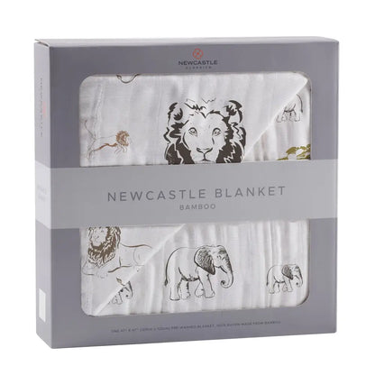 Boxed Newcastle Elephant Bamboo Baby Muslin Bundle featuring cute lion and elephant print