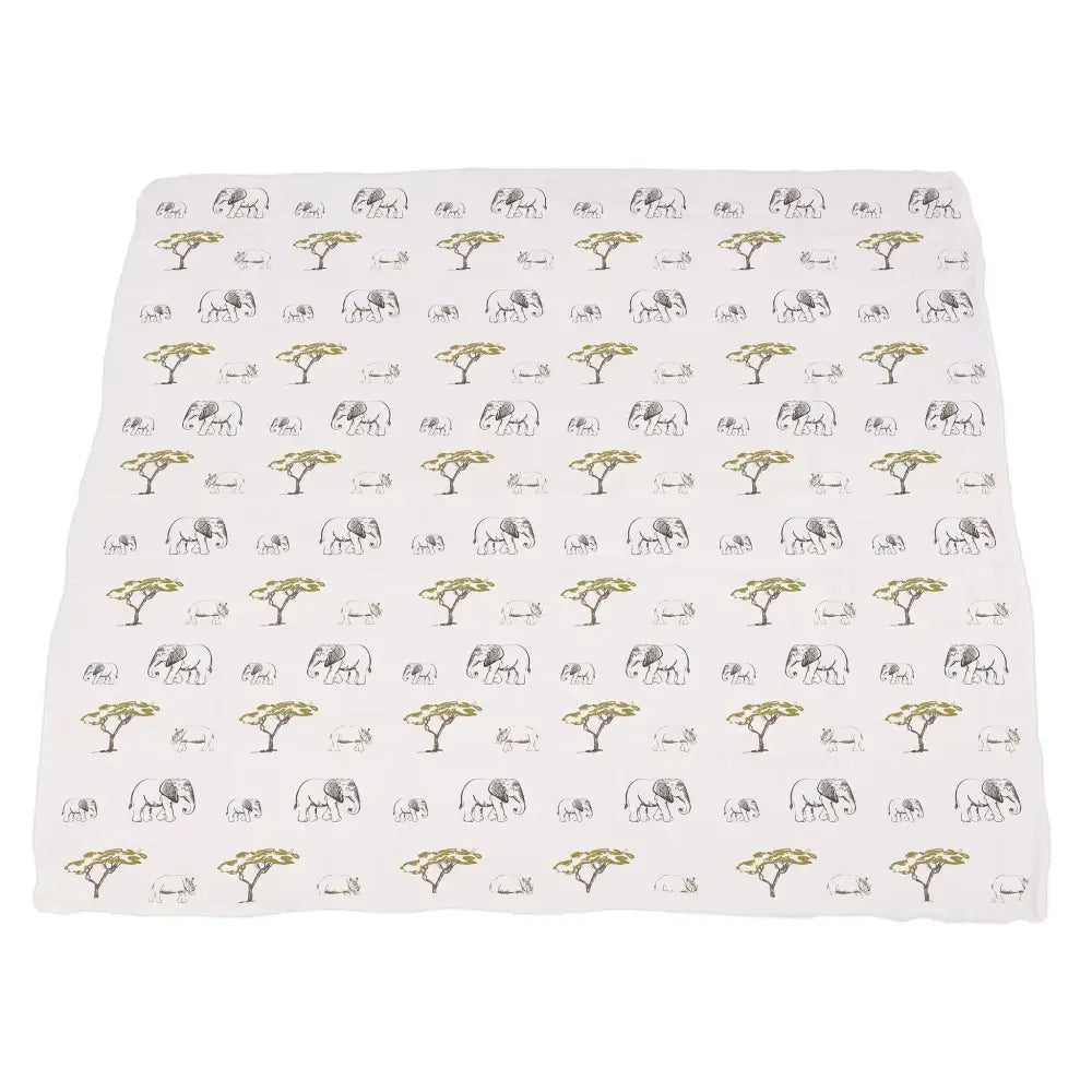 White bamboo muslin blanket with cute elephants and trees from Newcastle collection