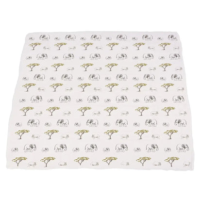 White bamboo muslin blanket with cute elephants and trees from Newcastle collection