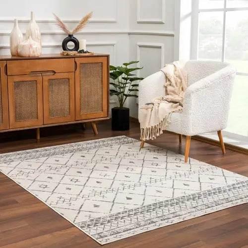 Newville Area Rug with Boho Geometric Design in Ivory Gray - 5’3’’ x 7’1’’ Rectangle - Home Decor