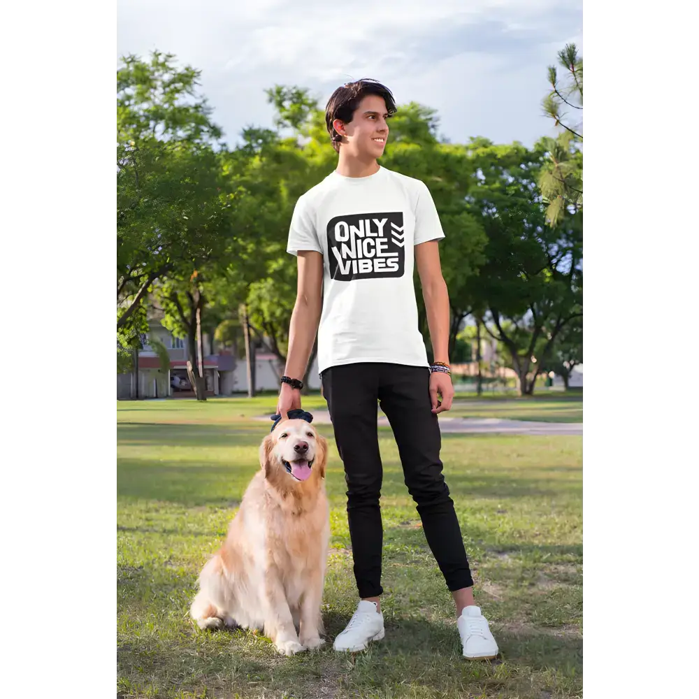 White Nice Vibes Golden Retriever Classic Unisex T-Shirt with black graphic design