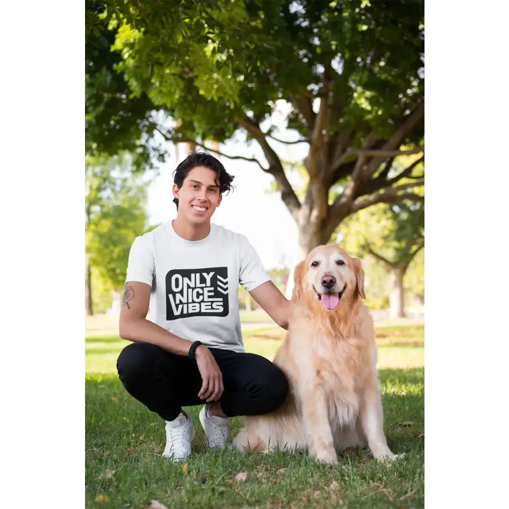 Man with a golden retriever wearing a Nice Vibes Classic Unisex T-Shirt