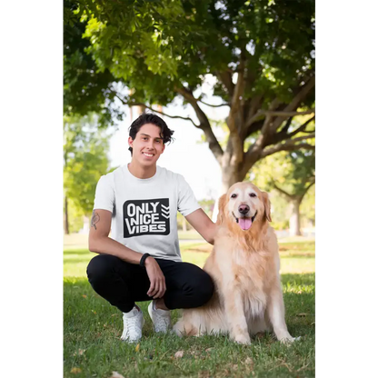 Man with a golden retriever wearing a Nice Vibes Classic Unisex T-Shirt