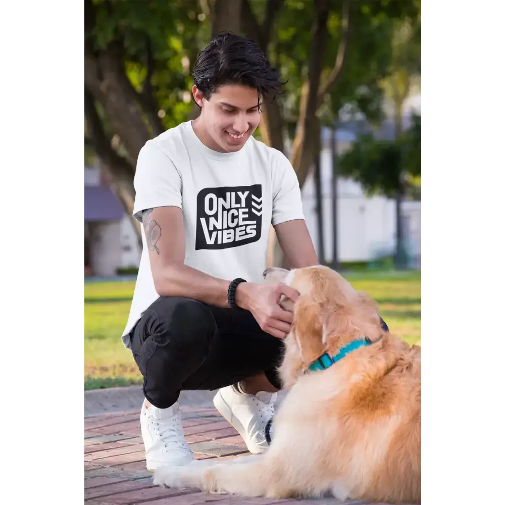 Man petting a Golden Retriever in a Nice Vibes Classic Unisex T-Shirt