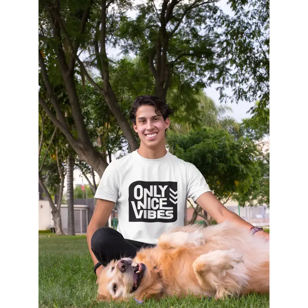 White graphic classic unisex t-shirt with Nice Vibes and a Golden Retriever design