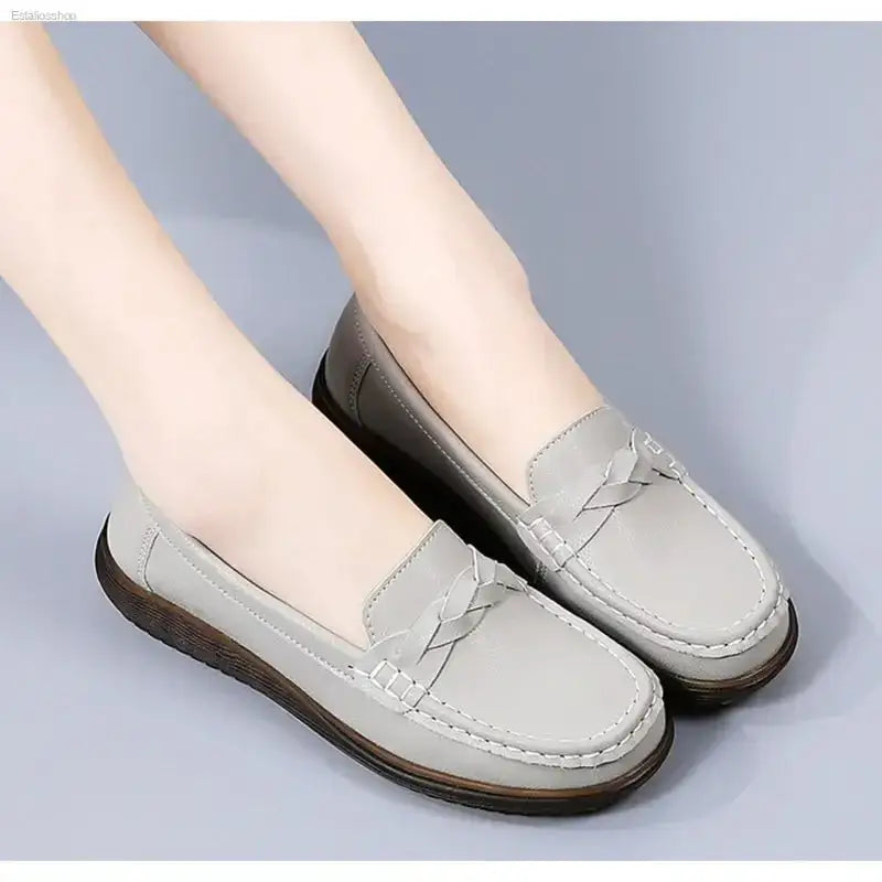 Non - Slip Leather Bean Shoes with Soft Sole for Stylish Moms - EstaliosShop