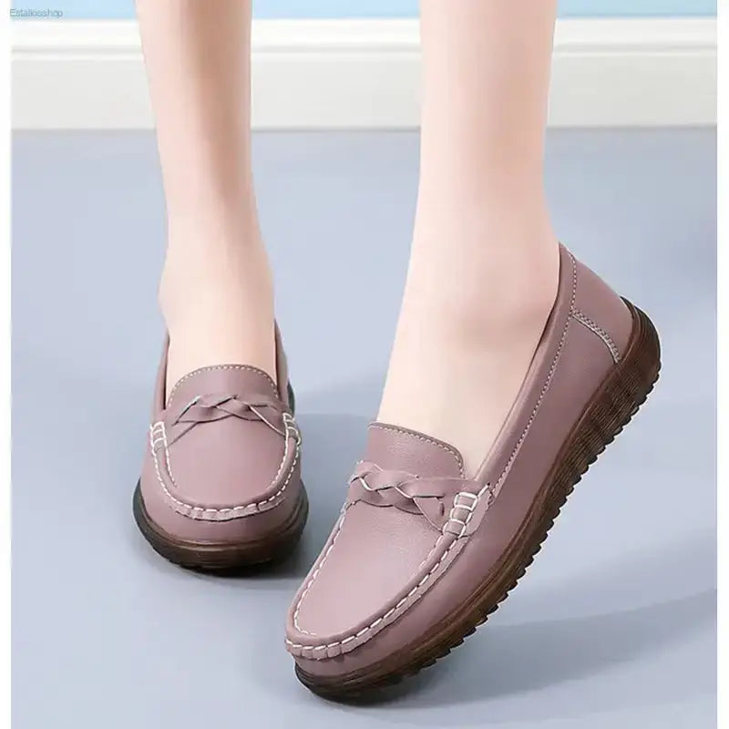 Non - Slip Leather Bean Shoes with Soft Sole for Stylish Moms - EstaliosShop