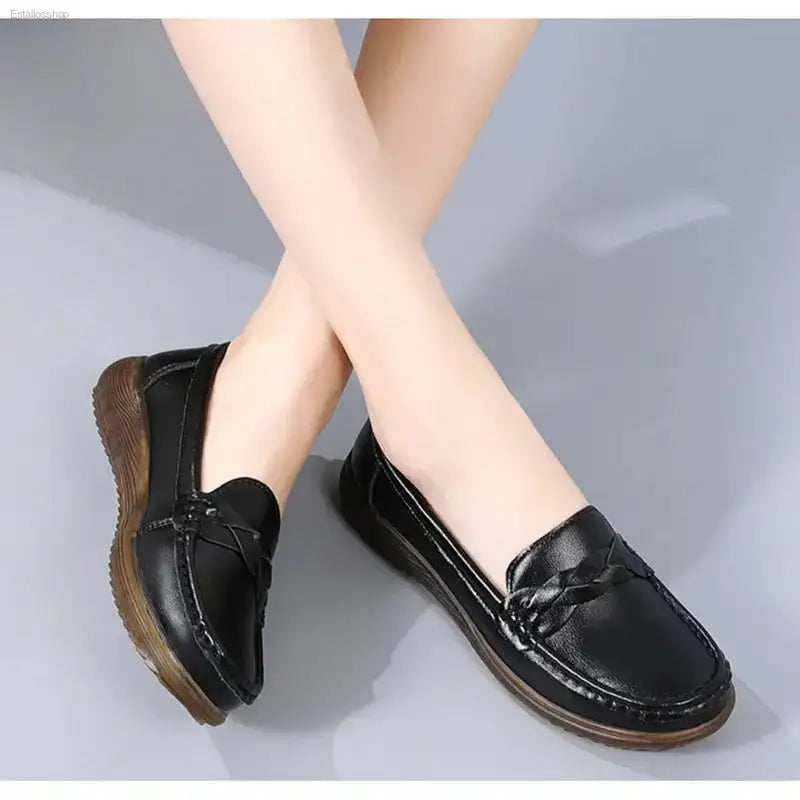 Non - Slip Leather Bean Shoes with Soft Sole for Stylish Moms - EstaliosShop