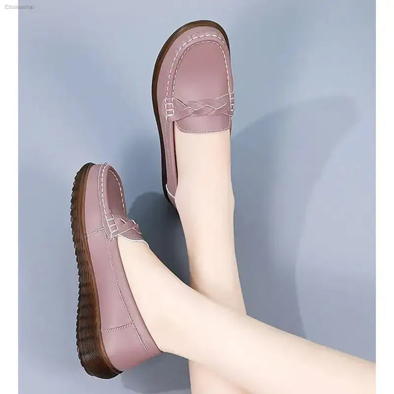 Non - Slip Leather Bean Shoes with Soft Sole for Stylish Moms - EstaliosShop