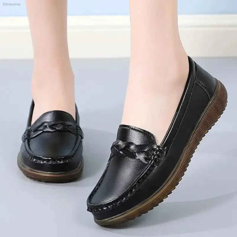 Non - Slip Leather Bean Shoes with Soft Sole for Stylish Moms - EstaliosShop