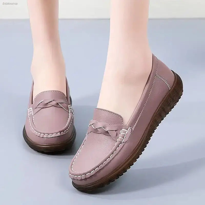Non - Slip Leather Bean Shoes with Soft Sole for Stylish Moms - EstaliosShop