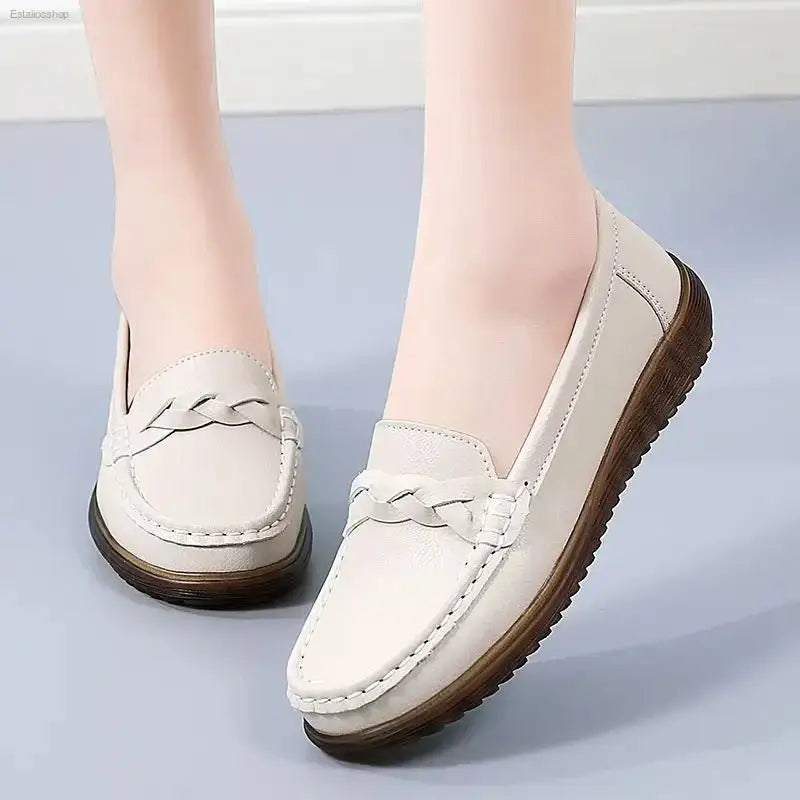 Non - Slip Leather Bean Shoes with Soft Sole for Stylish Moms - EstaliosShop