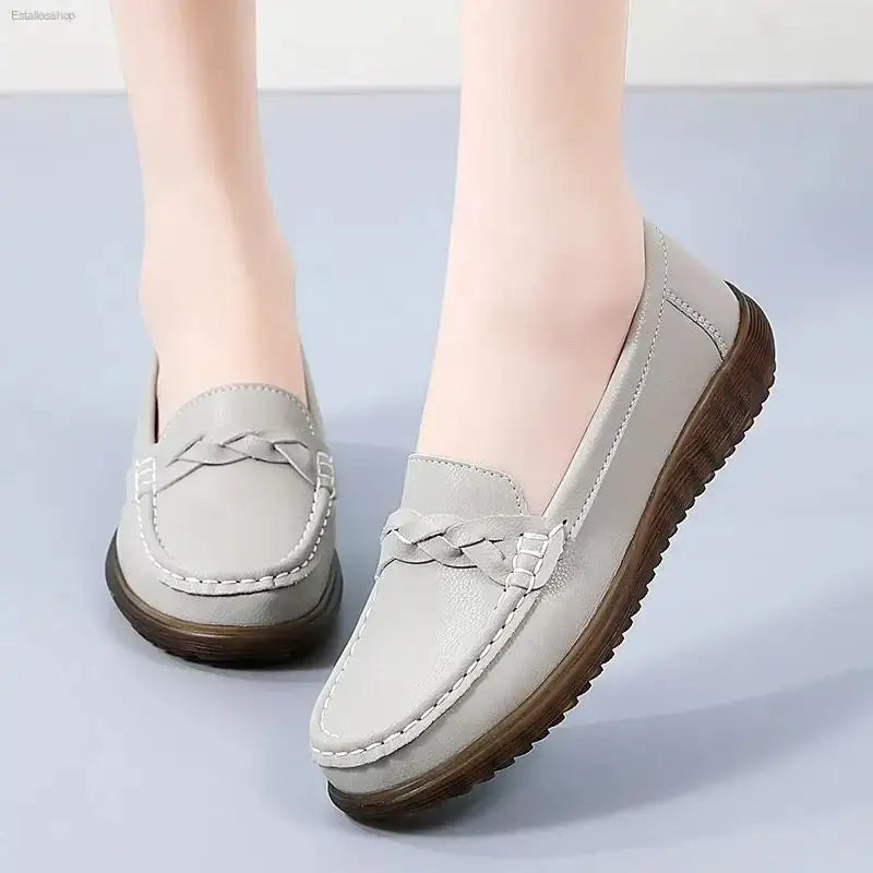 Non - Slip Leather Bean Shoes with Soft Sole for Stylish Moms - EstaliosShop