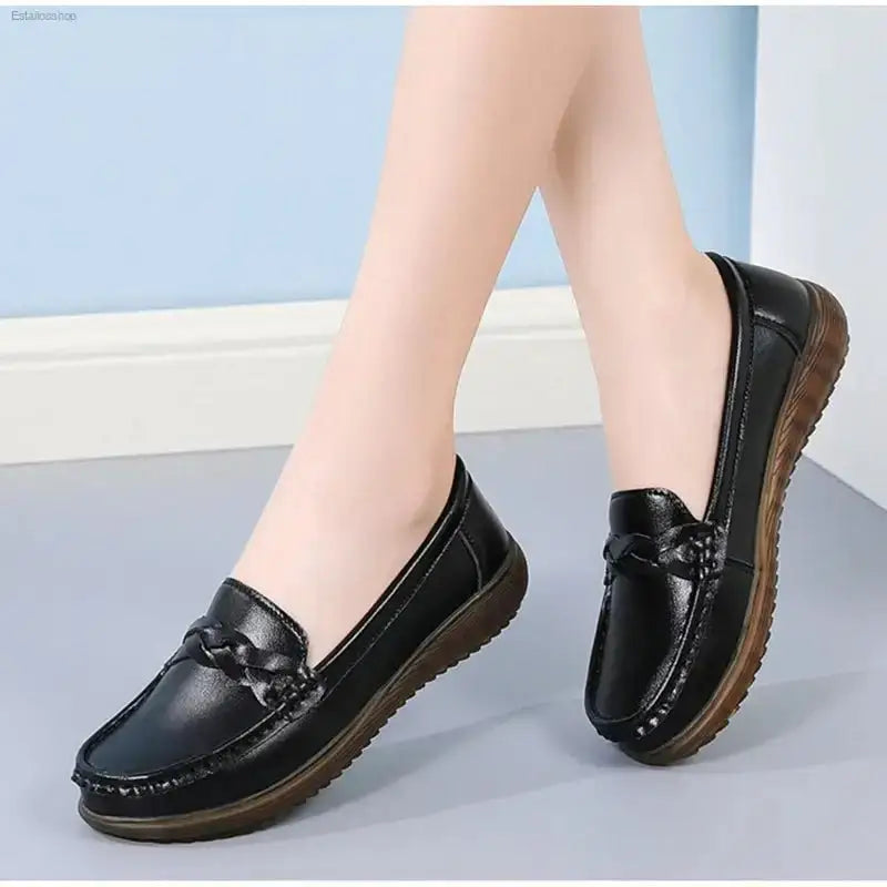Non - Slip Leather Bean Shoes with Soft Sole for Stylish Moms - EstaliosShop