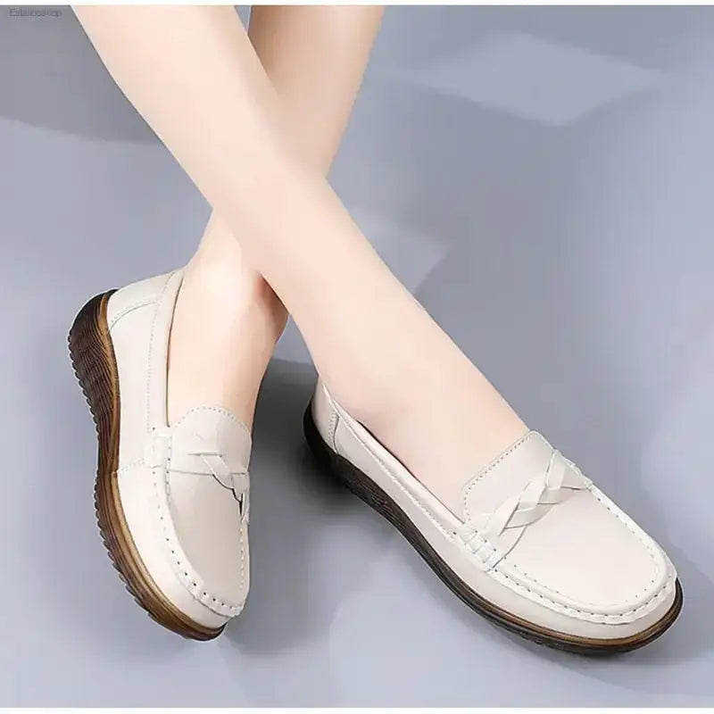 Non - Slip Leather Bean Shoes with Soft Sole for Stylish Moms - EstaliosShop