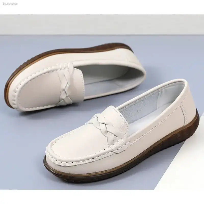 Non - Slip Leather Bean Shoes with Soft Sole for Stylish Moms - EstaliosShop