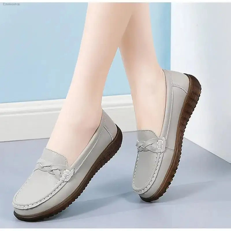 Non - Slip Leather Bean Shoes with Soft Sole for Stylish Moms - EstaliosShop