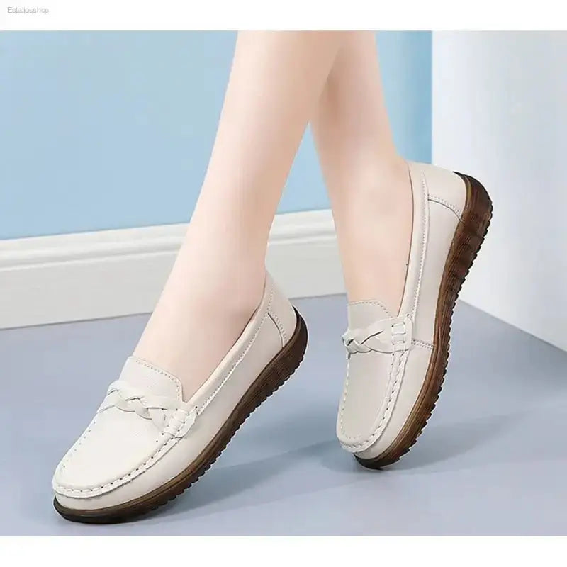 Non - Slip Leather Bean Shoes with Soft Sole for Stylish Moms - EstaliosShop