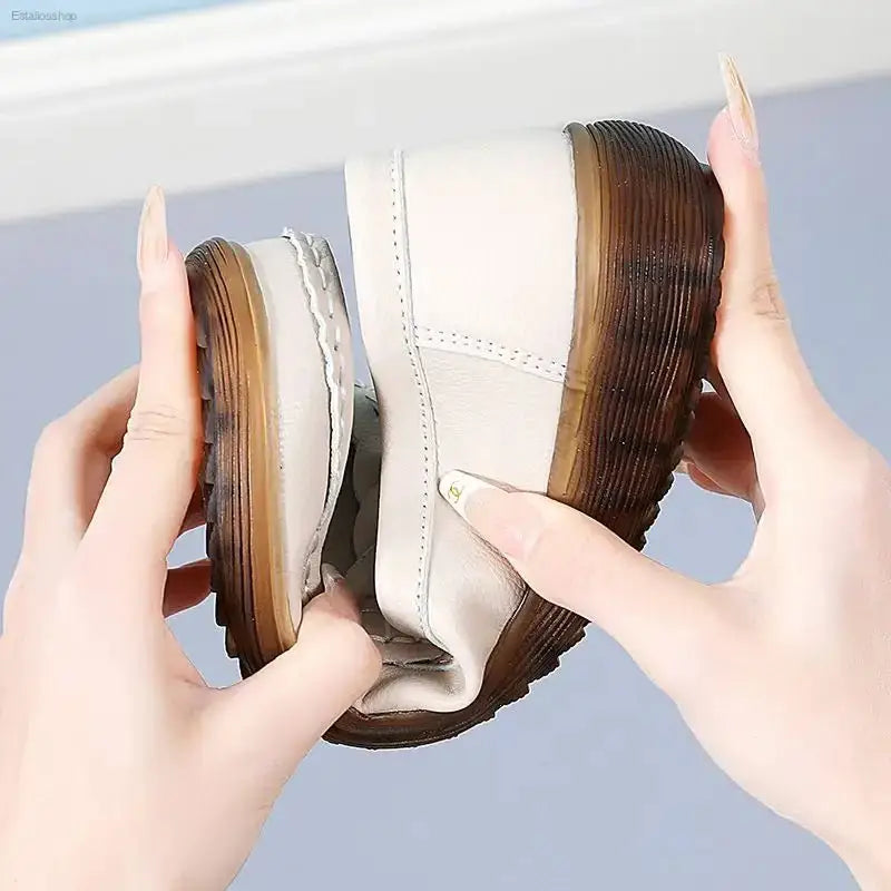 Non - Slip Leather Bean Shoes with Soft Sole for Stylish Moms - EstaliosShop
