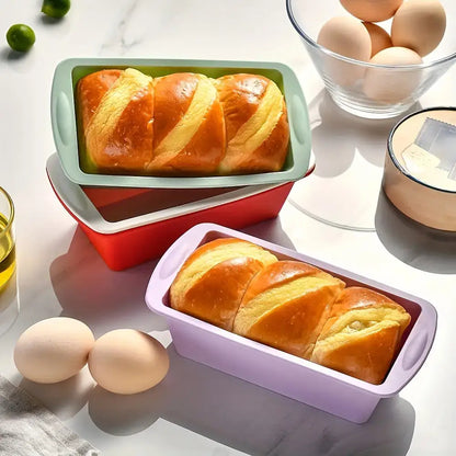 Baked bread in colorful nonstick silicone loaf pans for Christmas cookies fun!