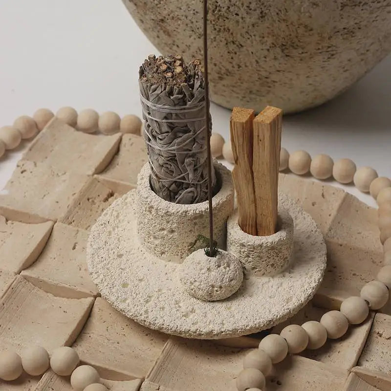 Porous stone incense holder with sage in Nordic Style Palo Santo Burner Set