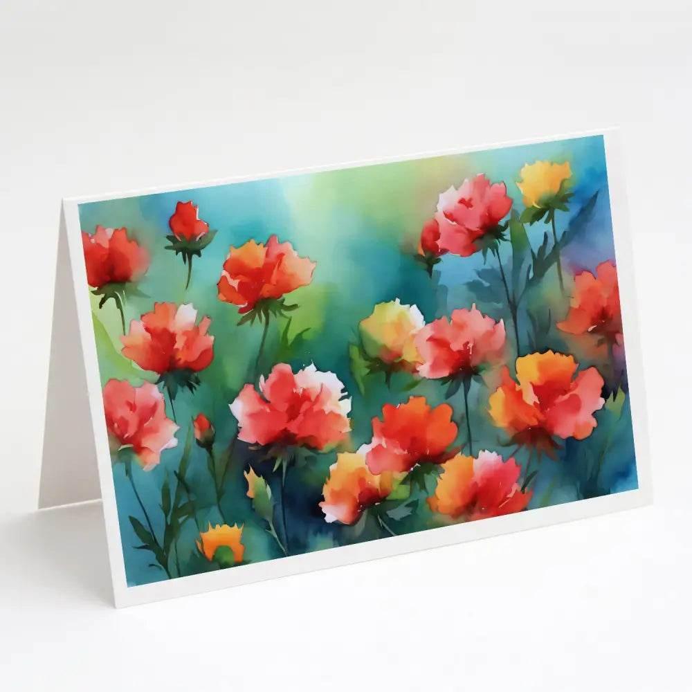 Ohio Scarlet Carnations Watercolor Greeting Cards Pack of 8 - Estalios