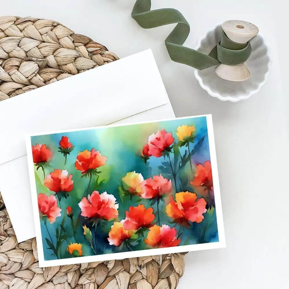 Ohio Scarlet Carnations Watercolor Greeting Cards Pack of 8 - Estalios