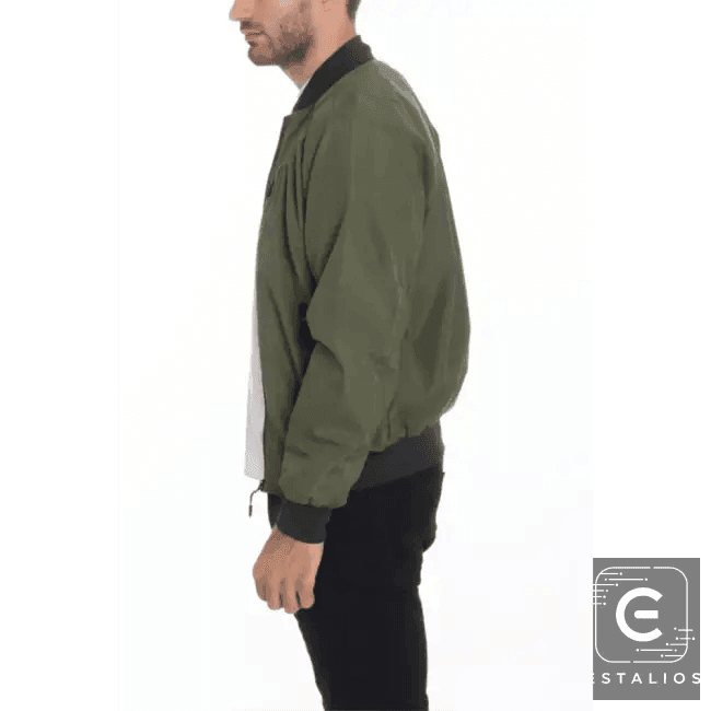 Olive Green Mens Vinyl Waterproof Bomber Jacket Stylish Protection - Estalios