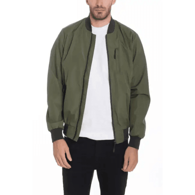 Olive Green Mens Vinyl Waterproof Bomber Jacket Stylish Protection - Estalios