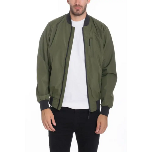 Olive green bomber jacket from a stylish mens vinyl waterproof windbreaker collection