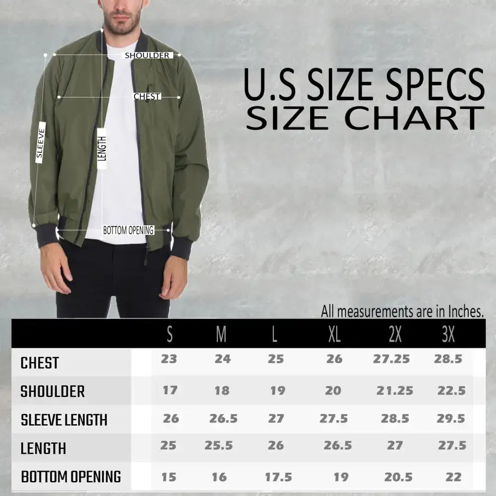 Men’s jacket size chart for Olive Green Vinyl Waterproof Windbreaker, waist length style