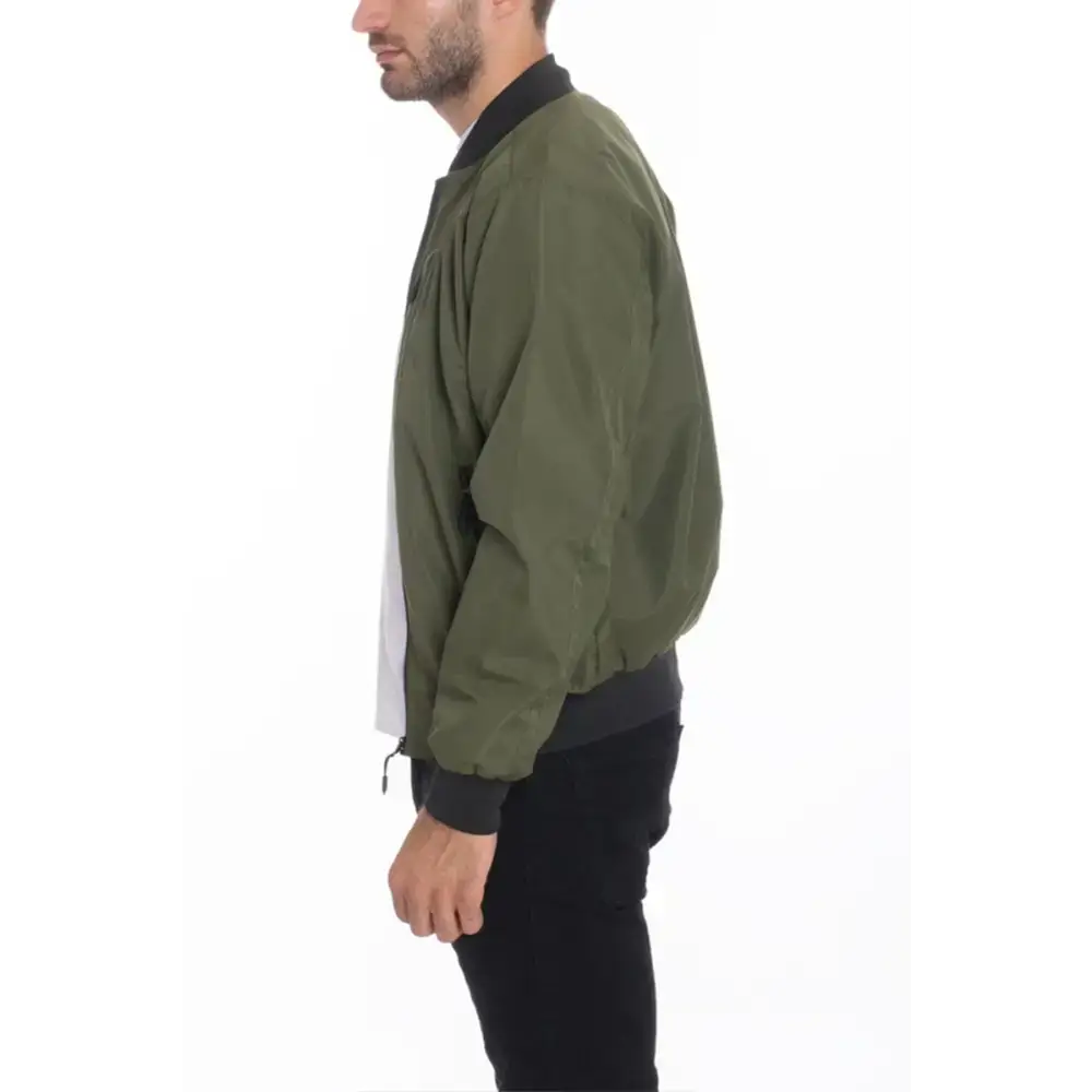 Olive Green Bomber Jacket, a trendy mens vinyl waterproof windbreaker for all-weather use