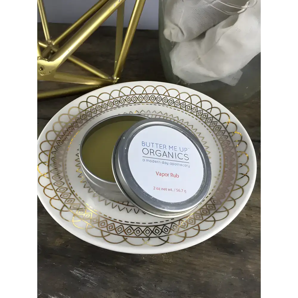 Round tin of Open Tin Organic Vapor Rub made with handmade organic vapor and essential oils