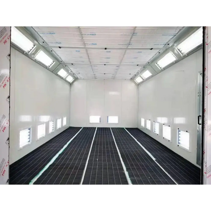 Empty well-lit white spray booth with grated floor in a Powder-Coated Light Box setup