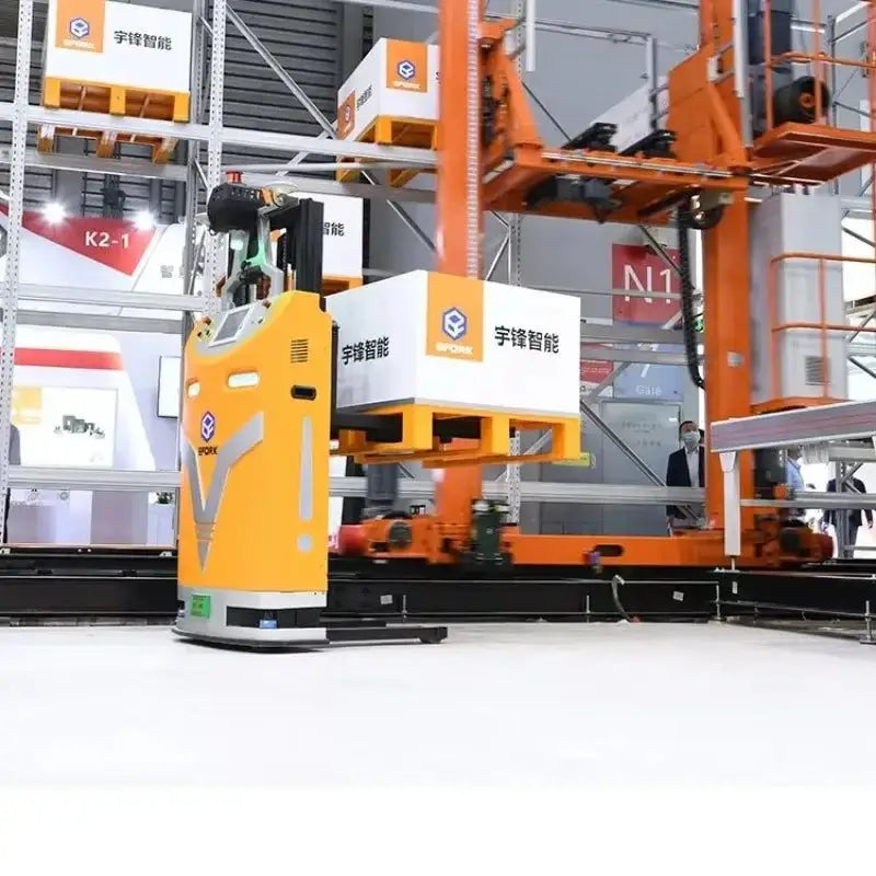 Orange Automated Forklift shown with a width of 373px for efficient warehouse handling