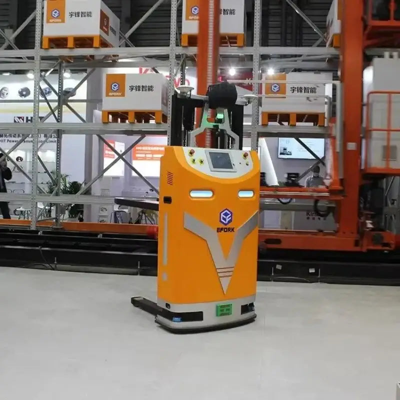 Image of an orange automated forklift with a width of 373px for efficient lifting