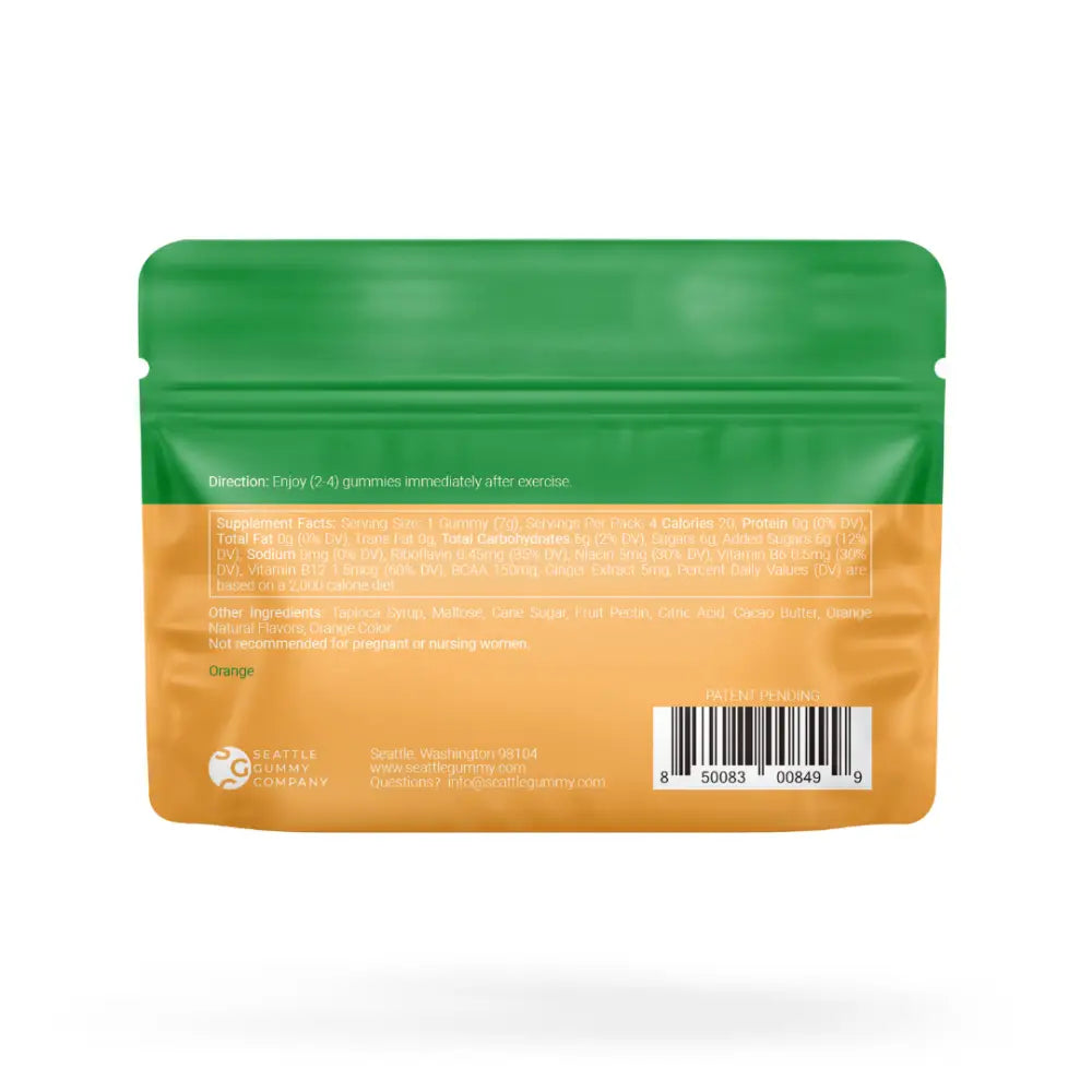 Green and orange resealable pouch for Orange Ginger Post-Workout Supplement Gummies