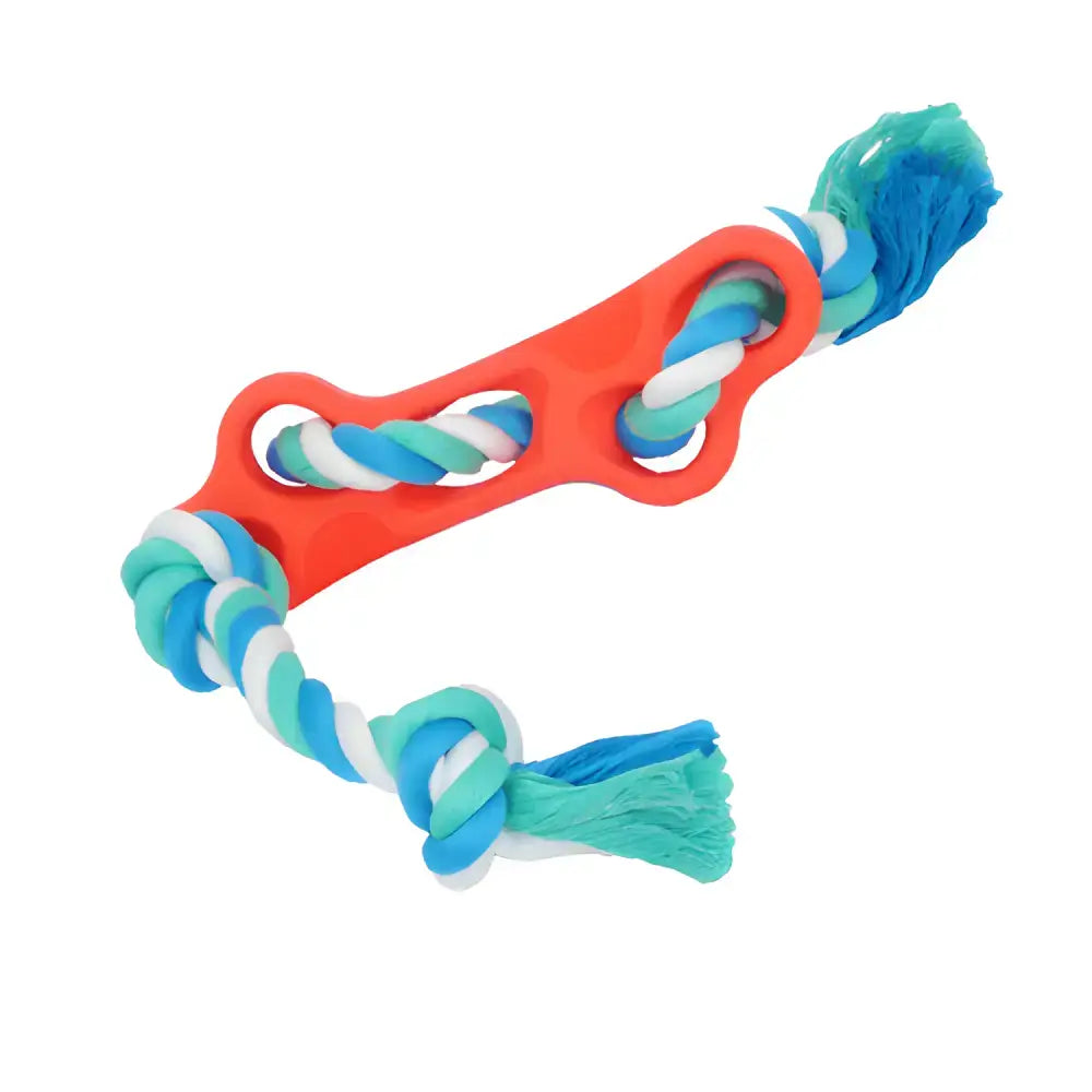 Orange Rubber Bone Dog Chew Tug Rope Toy with blue-and-white rope for fun playtime