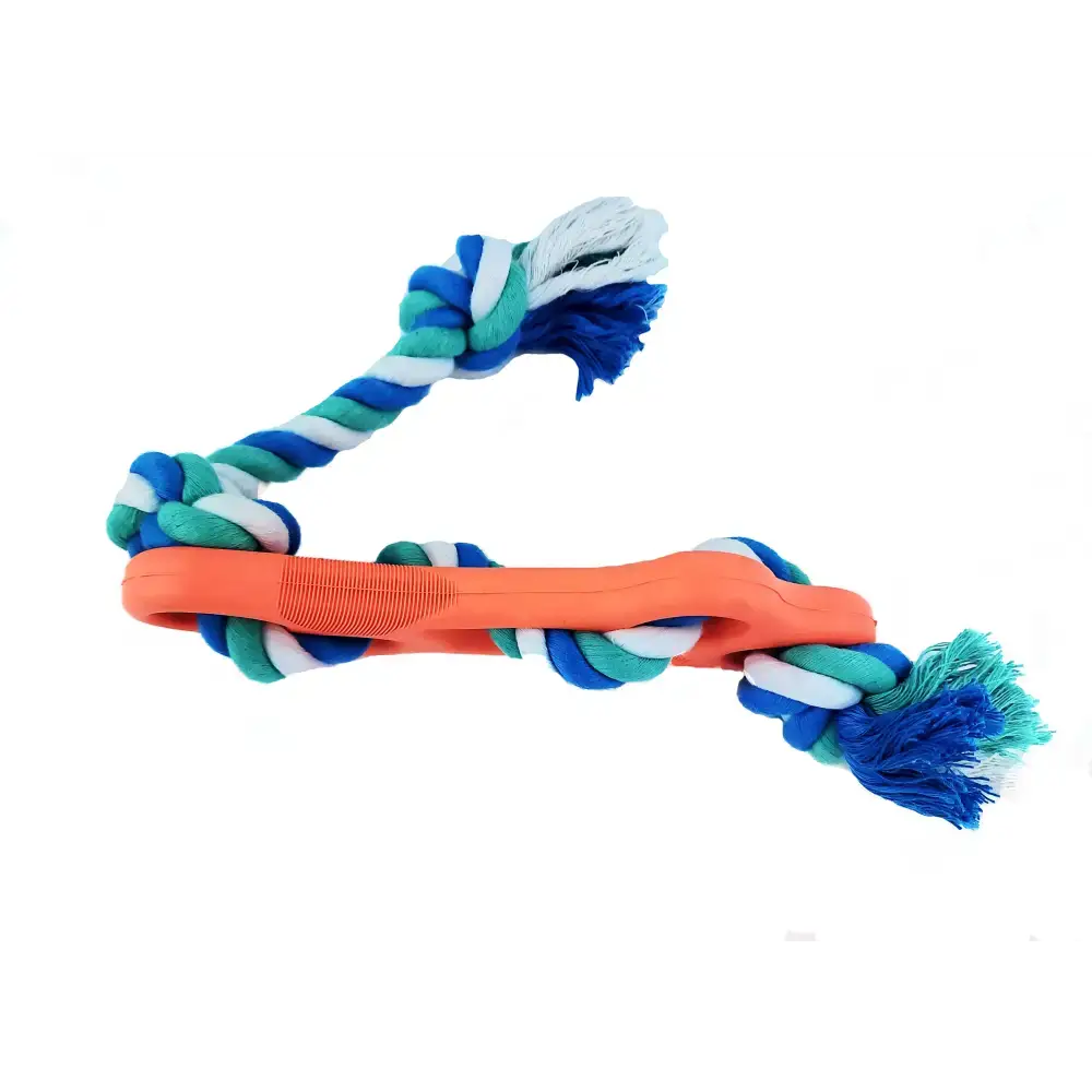 Orange Rubber Bone Dog Chew Tug Rope Toy with multicolored rope for fun playtime