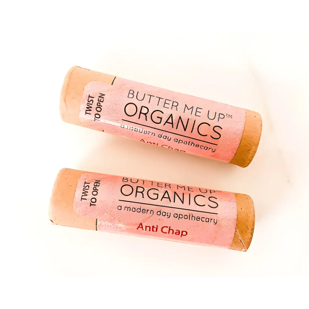 Two Organic Anti-Chap Lip Balms in eco-friendly paperboard tubes for soft lips