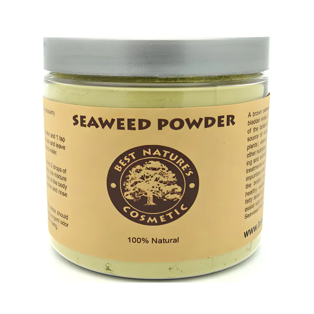 Jar of Organic Ascophyllum Nodosum Seaweed Powder with a strong pungent odor