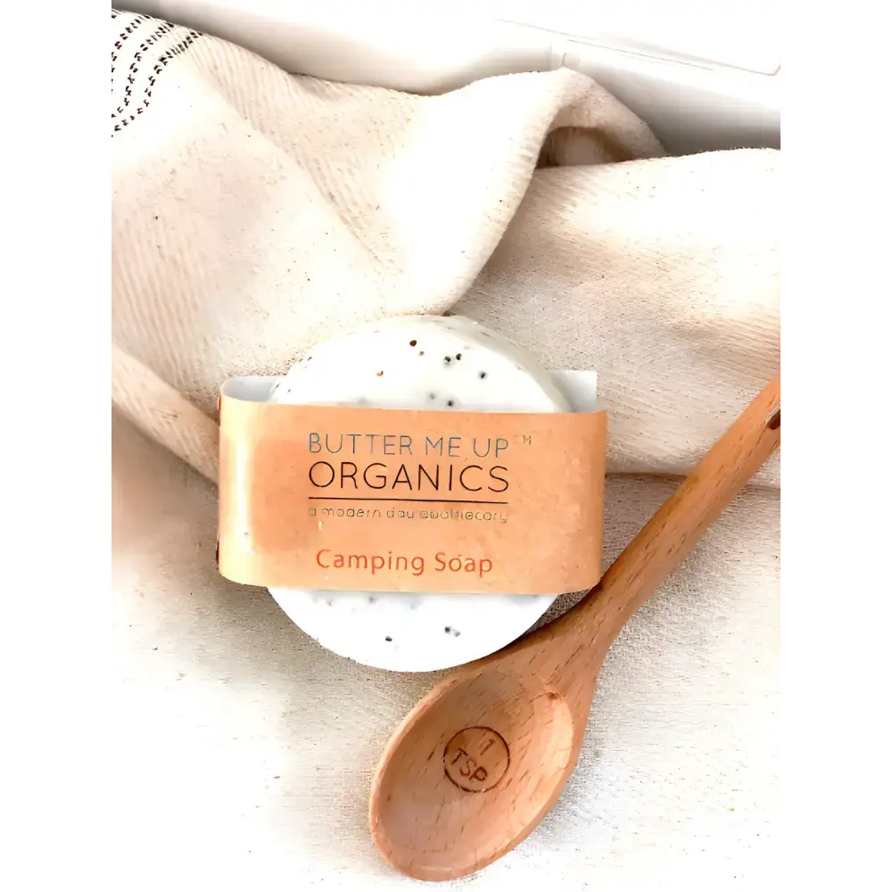 Organic Camping Soap Bug Repellant Shampoo Bar with a wooden spoon for sudsy adventures