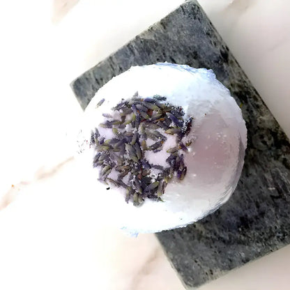 Lavender-topped Organic Lavender Bath Bomb Calm available in two sizes for relaxation