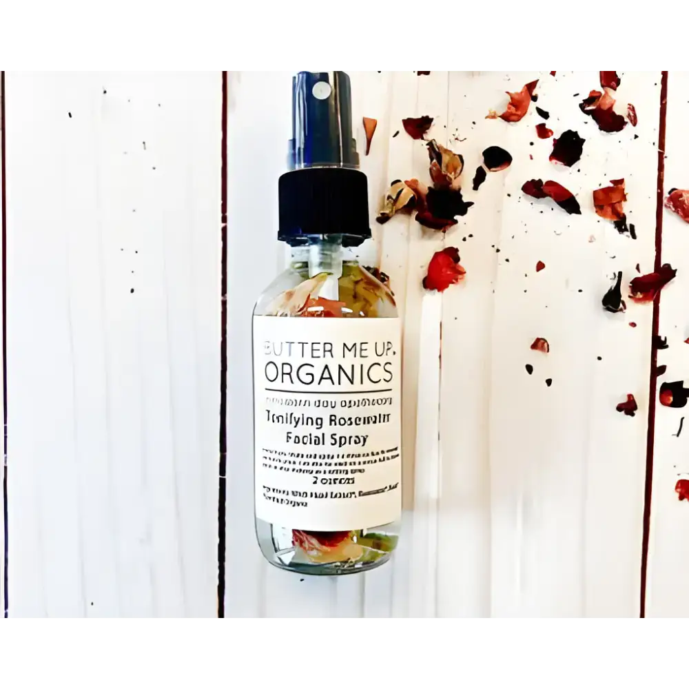 Organic Rose Water Facial Setting Spray bottle with rose petals for a refreshing glow