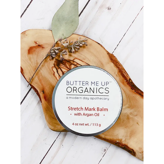 Organic Stretch Mark Body Butter in a round tin with argan oil for smooth skin