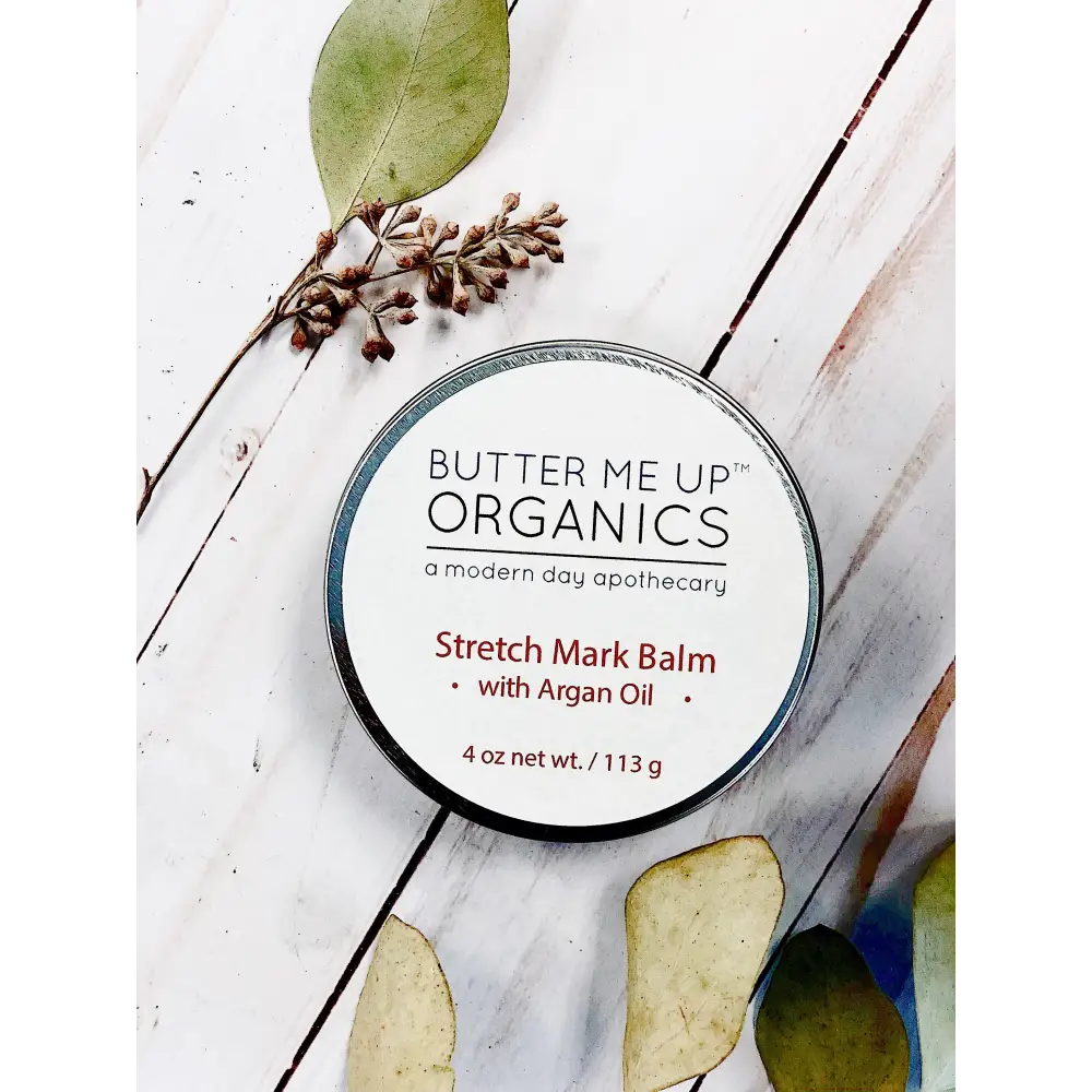 Organic Stretch Mark Body Butter in a tin with argan oil for smooth, soft skin