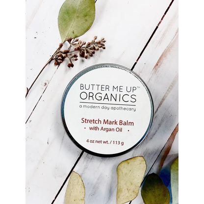 Organic Stretch Mark Body Butter in a tin with argan oil for smooth, soft skin